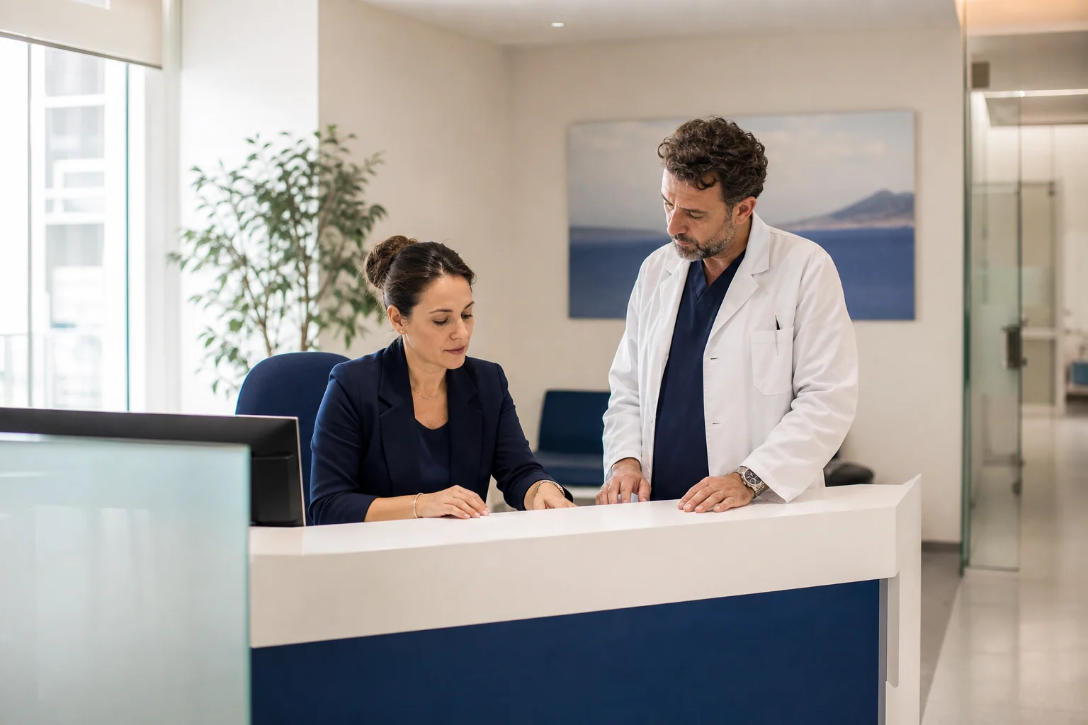 Una segretaria e un medico coordinano insieme le attività dello studio