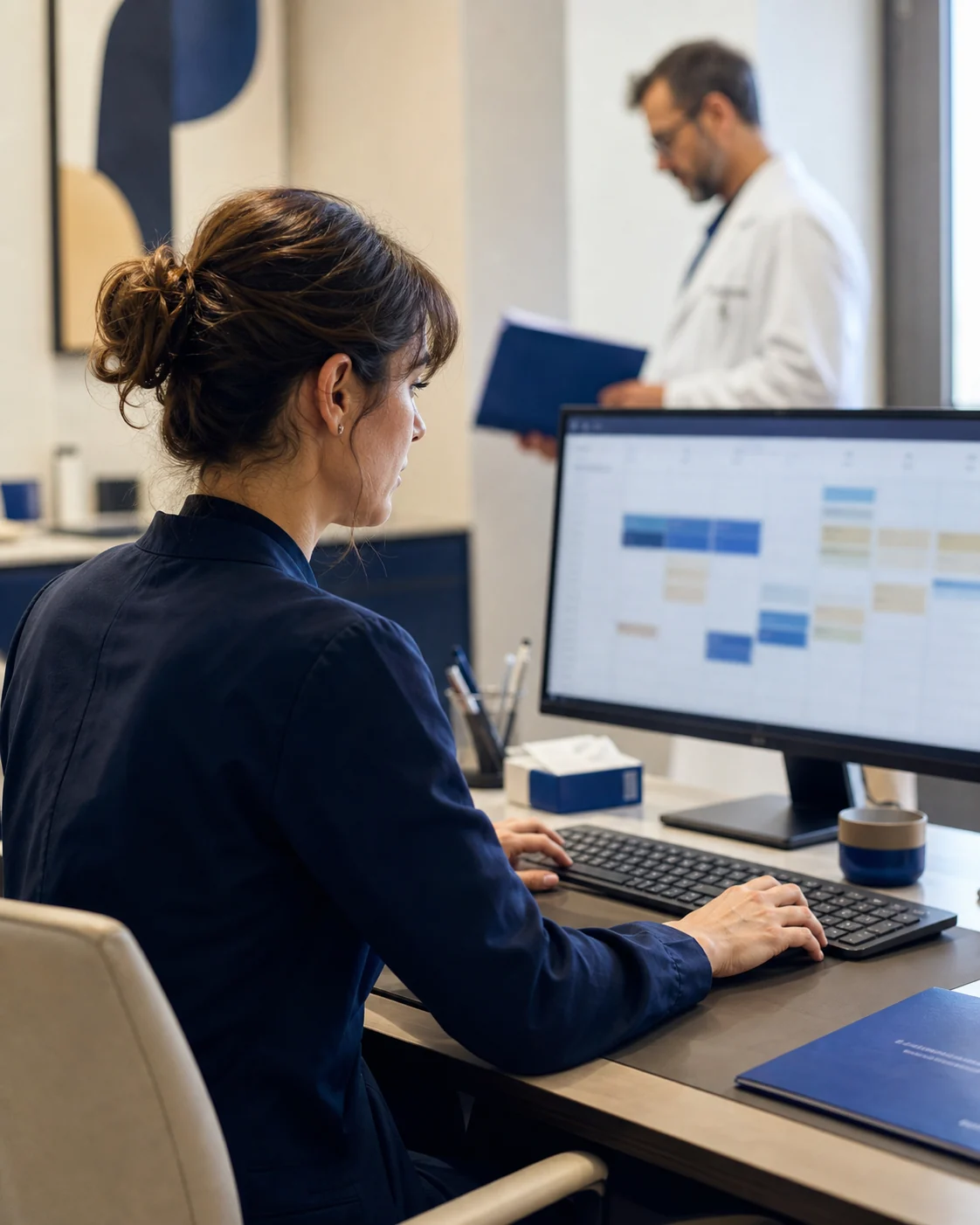 Una segretaria organizza l’agenda digitale dello studio medico